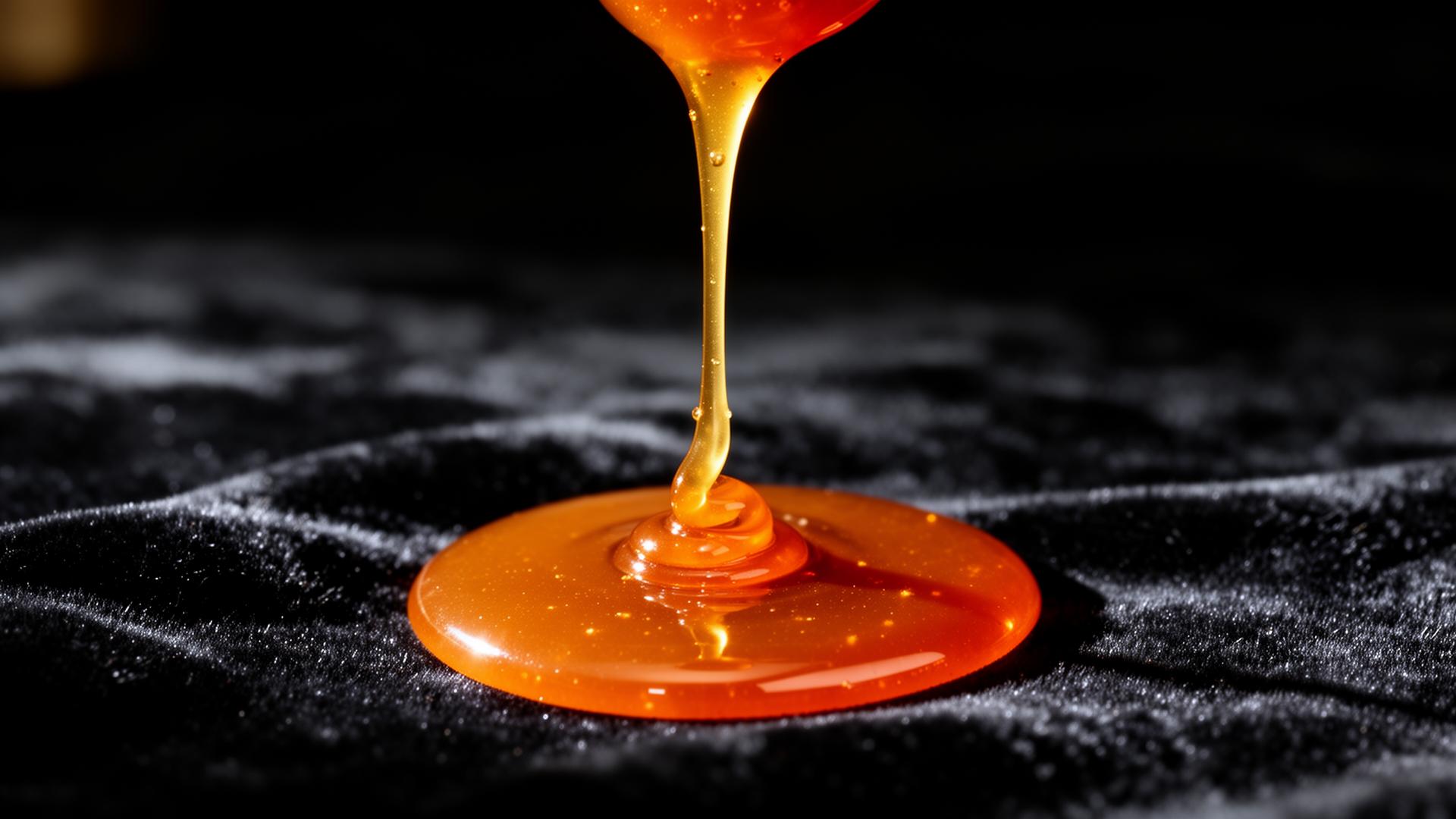Molten caramel pulling a thread against black velvet